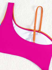 SHEIN Tween Girls' One-Piece Swimsuit Pink,Summer,Casual,Beach,Pool,Holiday Vibrant Color Block Diagonal Stripe One-Shoulder Adjustable Strap Bathing Suit - Multicolor - View 4