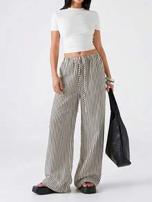 LYSMO Women's Casual Navy Blue Striped Drawstring Waist Loose Pants - Navy Blue - View 4