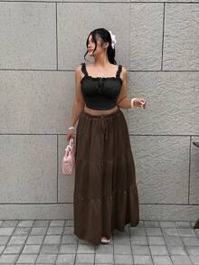 GalTyme Chocolate Brown Layered Loose Plus Size Skirt - Chocolate Brown - View 4