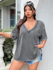 Muchica Plus Size Acid Washed Look Vintage Knitted Distressed Loose Fit Short Sleeve T-Shirt, Light Gray - Light Grey - View 6