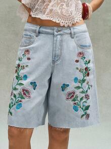 Bohemela Quần short denim thêu họa tiết thường ngày dành cho nữ - Màu xanh nhạt - Xem 6