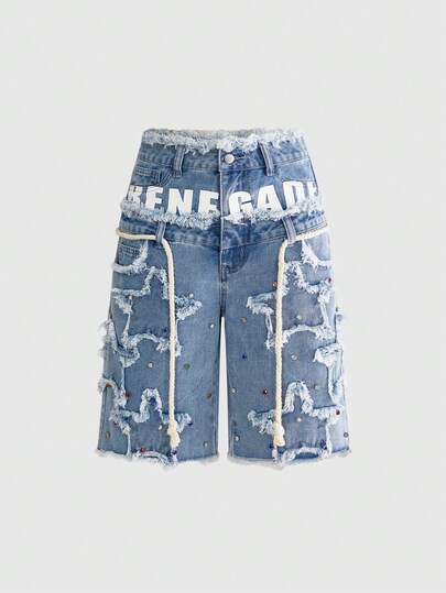 ROMWE Grunge Punk Women's Street Style Double Waistband PUNK Star Patch Denim Shorts