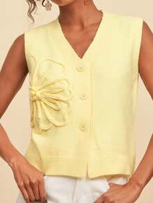 SHEIN TRVLCHIC Chaleco de punto con botones bordados en 3D para mujer - Amarillo - Ver 4