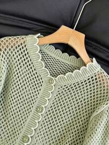 SHEIN Franclia Áo khoác cardigan nữ màu trơn, kiểu dáng thường ngày, khoét lỗ - màu xanh lá - Xem 5