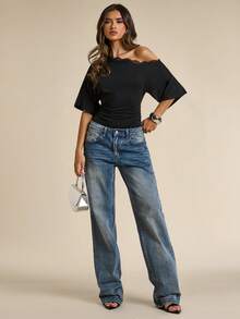 SHEIN BAE Áo liền thân nữ màu đen phối ren tương phản, vai lệch, không đối xứng - màu đen - Xem 4