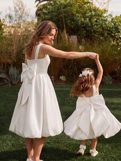 SHEIN Glamorique Kids Đầm công chúa cho bé gái, đầm dự tiệc sinh nhật, đầm cưới, đầm dạ hội, đầm có nơ lớn có thể tháo rời, đầm chất liệu satin trắng.