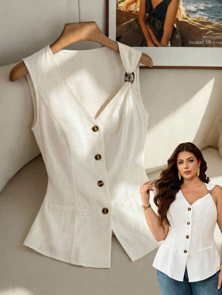 Franclia Plus Size Women's Solid V-Neck Open Front Button Fake Pocket Decor Single Side Pearl Embellished Sleeveless Top Vest, White, Summer, Office - White - View 1
