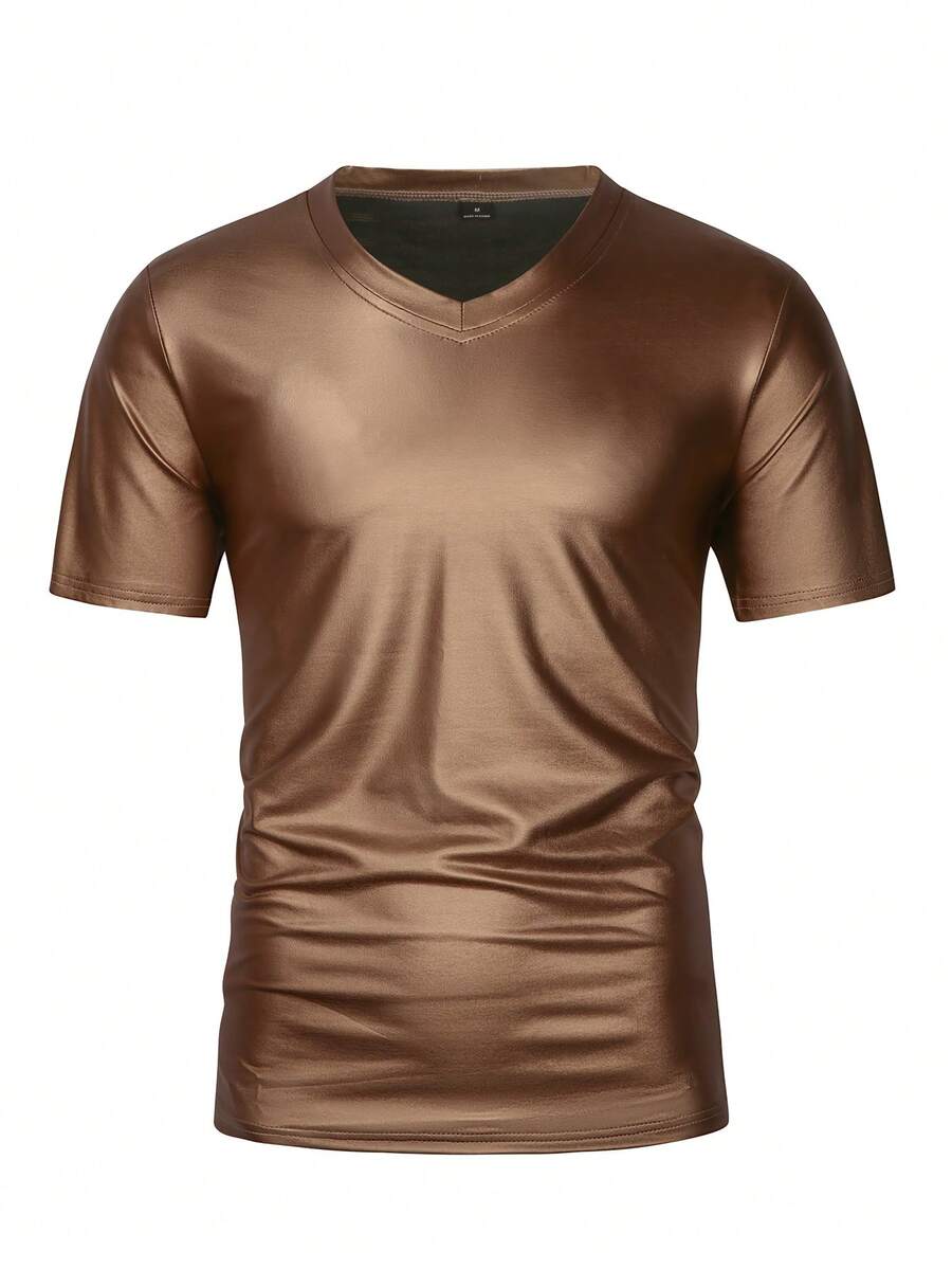 Manfinity LEGND Men's Solid Color Minimalist Casual Short Sleeve PU Leather T-Shirt - Coffee Brown - View 1