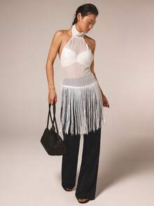 COSMINA Top alla moda e sexy con coulisse sul fondo, di colore unito, per donna - Bianco - Visualizzare 1