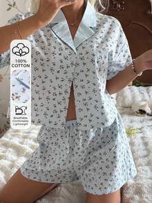 DAZY Women's Ditsy Floral Button-Up Short Sleeve Top And Shorts Pajama Set - White - View 3