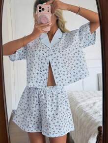 DAZY Women's Ditsy Floral Button-Up Short Sleeve Top And Shorts Pajama Set - White - View 8