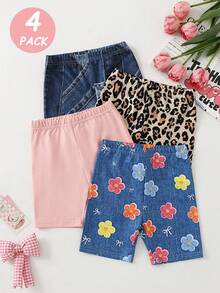 SHEIN 4-Piece Young Girls Summer Leggings, Soft Knit Shorts Set Featuring Leopard, Blue Denim Print, Floral Patterns & Pastel Pink For Everyday Play - Multicolor - View 3
