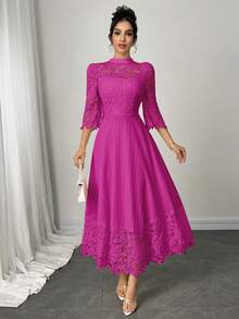 Modelyn Gaun Maxi Lengan Panjang Patchwork Bordir Eyelet Kuning untuk Wanita - Hot Pink - View 4