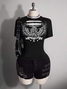 SHEIN ICON Slogan Graphic Cut Out Concert Outfits Tee - Black - View 4