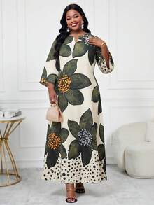 SHEIN Lady Đầm nữ cỡ lớn in hoa tay lửng dáng rộng thoải mái - màu xanh lá - Xem 3
