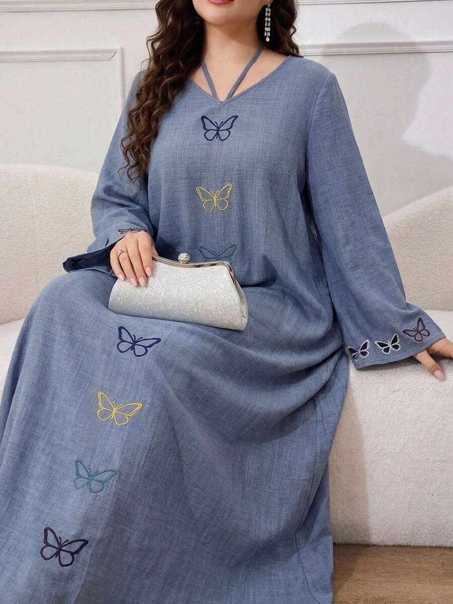 Al Najma Plus Size Women's Butterfly Embroidered Arabic Style Dress - Blue - View 1