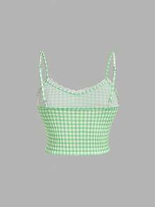SHEIN MOD Conjunto de 2 peças Camiseta Regata com Renda Xadrez Verde e Saia de Comprimento Médio para Mulheres Plus Size, Adequado para Uso Diário, Campo, Férias - Verde - Visão 7