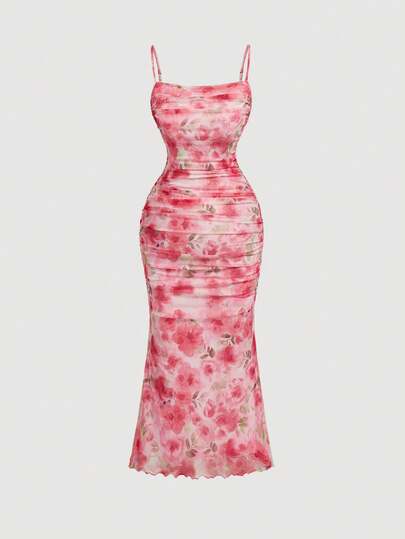 SHEIN MOD Large Size Pink Rose Print Romantic Cute Women's Maxi Dress, Suitable For Brunch, Autumn Wedding Guest, Back To School, Party, Date Night, Prom, Wedding,Festival Outfit Women,Elegant Ceremony Dresses\Birthday Dress For Women,Country Concert Outfit ,Country