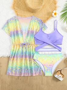 SHEIN Tween Girl Solid Color Camisole Top And Ombre Triangle Bottoms Bikini Set With Short Sleeve Cover-Up, 3-Piece Swimwear (Print Design Random) - Multicolor - View 1