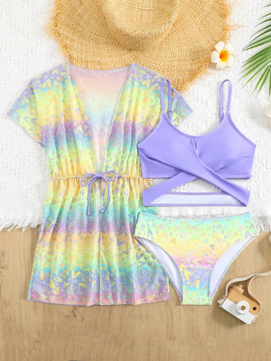 SHEIN Tween Girl Solid Color Camisole Top And Ombre Triangle Bottoms Bikini Set With Short Sleeve Cover-Up, 3-Piece Swimwear (Print Design Random) - Multicolor - View 1