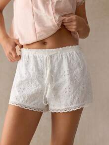 WESTFADE Quần short nữ kiểu patchwork, thắt nơ tua rua, viền ren. - trắng - Xem 3