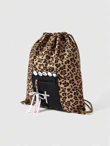 ROMWE Y2K Gothic Leopard Drawstring Backpack - Rhinestone Cross With Note Bow Pendant Zip Pocket Backpack For Campus And Street Style - Leopard print - View 3