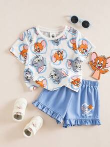 TOM & JERRY X SHEIN 2pcs/Set Young Girl Casual Cartoon Graphic Round Neck Short Sleeve Top And Shorts - Multicolor - View 1