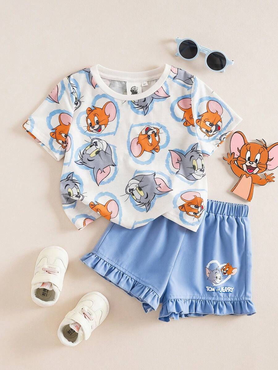 TOM & JERRY X SHEIN 2pcs/Set Young Girl Casual Cartoon Graphic Round Neck Short Sleeve Top And Shorts - Multicolor - View 1