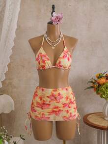 Bikini de 3 piezas con tapa triangular de cuello halter, estampado de leopardo y sarong con lazos laterales para mujeres - Multicolor - Ver 6