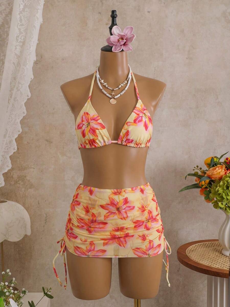 Swim Mod Bikini 3 Potong Seksi Motif Leopard dengan Leher Halter dan Cup Segitiga, Model Sarung Jala dengan Tali Samping untuk Wanita - MultiWarna - View 1