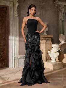 Aureia Women's Elegant Black Luxury 3D Beaded Sequins Mermaid Dress,High Waist Asymmetrical Exaggerated Ruffled Hem Side Slit Formal Evening Gown - Black - View 1