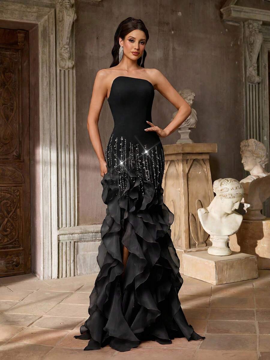 Aureia Women's Elegant Black Luxury 3D Beaded Sequins Mermaid Dress,High Waist Asymmetrical Exaggerated Ruffled Hem Side Slit Formal Evening Gown - Black - View 1