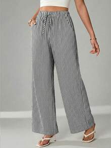SHEIN Tall CURVE 大码休闲条纹直筒裤 - 黑與白 - 查看 3