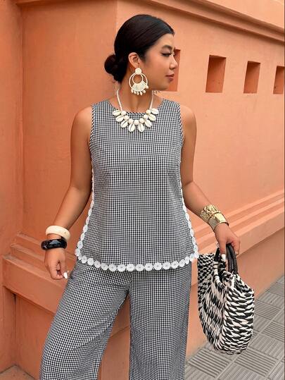 Weeklong Conjunto de top corto sin mangas a cuadros con ribete de cinta y pantalones a cuadros con cinta, conjunto de ropa casual de vacaciones, adecuado para uso diario, ocio, tarde de té