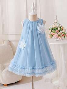 SHEIN Glamorique Kids 小女孩蓝色无袖碎花连衣裙，甜美可爱，优雅迷人 - 藍色 - 查看 6