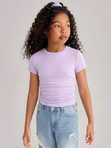Girlism Tween Girl Casual Round Neck Short Sleeve Tee With Side Pleats And Hair Tie - Purple - View 7