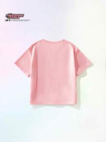 THE POWERPUFF GIRLS X SHEIN Maija Kids Cartoon Pattern Soft Knit Round Neck Short Sleeve Dropped Shoulder Pullover T-Shirt For Young Girls - Pink - View 4