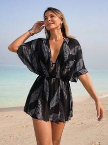 Swim Lushoire 1pc Women Beach Cover Up, Leaf Branch Mesh Pattern, Casual Home Beach Pool Holiday, Spring/Summer - Multicolor - View 4