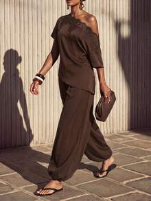 Zivah Elegant Summer Dark Brown Satin Two Pieces Set,Loose-Fitting Lace-Trimmed One-Shoulder Short-Sleeved Blouse & Jogger Lantern Pant Vacation Outfit - Brown - View 7