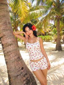 Sweetina Bow Print Camisole Crop Top & Shorts 2 Pieces Set, Casual For Teens - Apricot - View 5