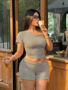 Sunnyshic Plus Size Women's Asymmetric Shoulder Striped Short Sleeve Top And Low-Waist Shorts 2 Piece Set, Spring/Summer Striped 2 Piece Set, 2 Piece Shorts Set, Summer 2 Piece Set, Casual 2 Piece Set, Comfortable 2 Piece Set, Suitable For Vacation, College Style, Back To School, Daily Wear, Office - Multicolor - View 4