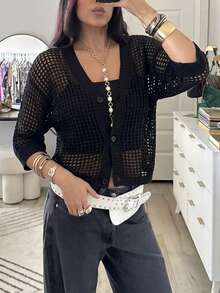 Freevana Cárdigan holgado con mangas 3/4, estilo sexy y calado, de malla, verano 2026 - Negro - Ver 9