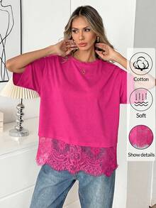 Easowa Black Short Sleeve Round Neck Lace Hem Loose T-Shirt For Women,Summer Top - Hot Pink - View 2