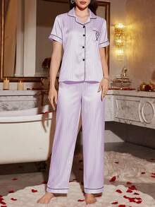 LuxeNights Faux Silk Striped Jacquard Pocket Heart Embroidery Lapel Short Sleeve Pajama Set - Mauve Purple - View 4