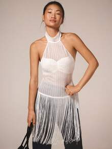 COSMINA Top alla moda e sexy con coulisse sul fondo, di colore unito, per donna - Bianco - Visualizzare 5
