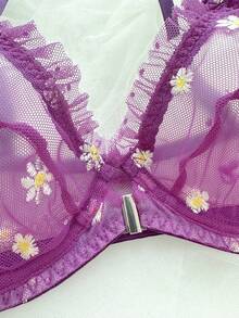 PetitDoll 两件套浪漫刺绣钢圈性感内衣套装 - 紫色 - 查看 4