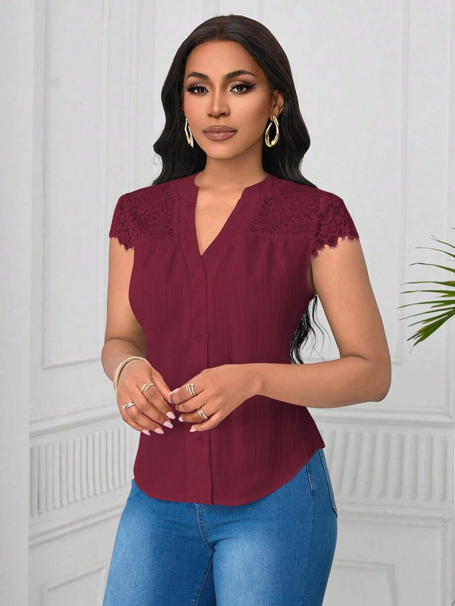 Lunelith SHEIN Lunessa 优雅蕾丝拼接波浪条纹短袖女式衬衫 - 酒紅色 - 查看 1