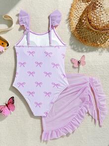 SHEIN Tween Girls Cute Bowknot Print Shoulder Strap Ruffle One-Piece Swimsuit, With Skirt, Suitable For Swimming, Vacation, Beach In Summer Tween Bathing Suit Dress Purple Tween Beach Dress Girls Lavender Swimsuits Criss Cross One Piece Bathing Suits For Tween Girls Pink And Purple Tween Swim One Piece Summer Holiday - Purple - View 2