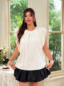 Celure Elegant Pleated Cap Sleeve Blouse With Front Tuck Detail Minimalist Round Neck Slimming Shirt Textured Ruffle Hem Plus Size Tea Party White Summer - Apricot - View 4