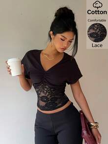 Siren Gaze Women's Elegent Black V-Neck Sheer Lace Panel Ruched Cotton Top,Chic Night Out Party Blouse,Short Batwing Sleeve Summmer Casual Shirt T-Shirt - Black - View 10
